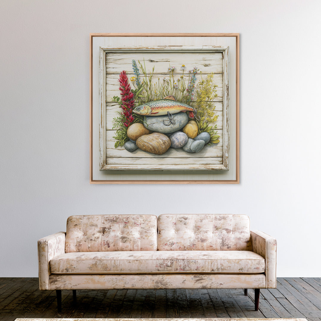 Trout Fishing Lure and River Stones Framed Canvas Print, Rustic Art, Landscape Art, Farmhouse Decor, Fine Art, Rustic, RUS-1x1-38