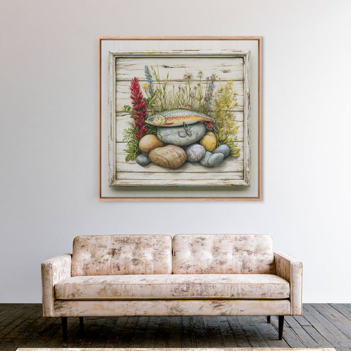 Trout Fishing Lure and River Stones Framed Canvas Print, Rustic Art, Landscape Art, Farmhouse Decor, Fine Art, Rustic, RUS-1x1-38