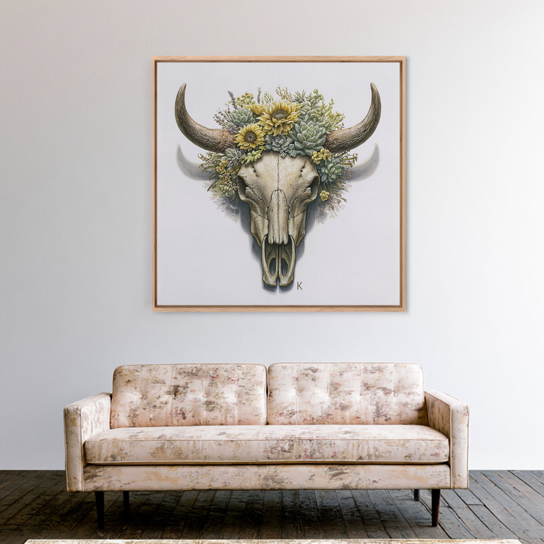 Cow Skull with Desert Flowers Framed Canvas Print, Rustic Art, Gallery Decor, Farmhouse Decor, Oil Painting, Rustic, RUS-1x1-41