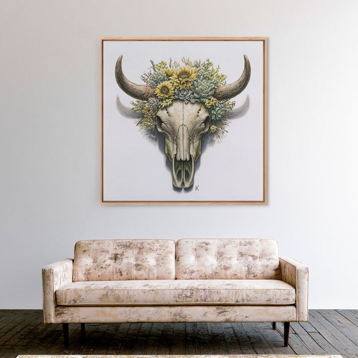 Cow Skull with Desert Flowers Framed Canvas Print, Rustic Art, Gallery Decor, Farmhouse Decor, Oil Painting, Rustic, RUS-1x1-41