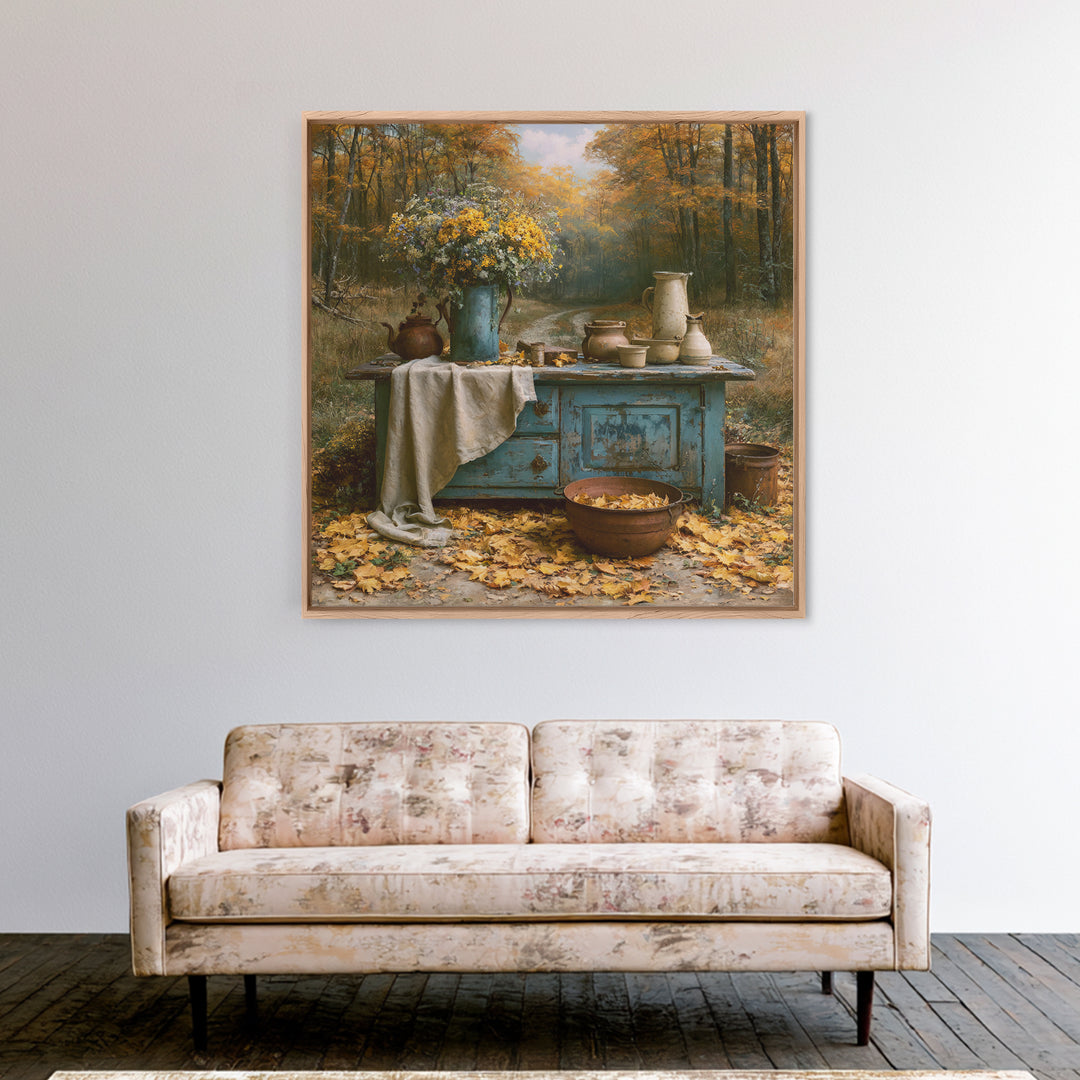 Forest Path with Golden Autumn Leaves Framed Canvas Print, Rustic Art, Eclectic Wall Art, Farmhouse Decor, Fine Art, Rustic, RUS-1x1-42