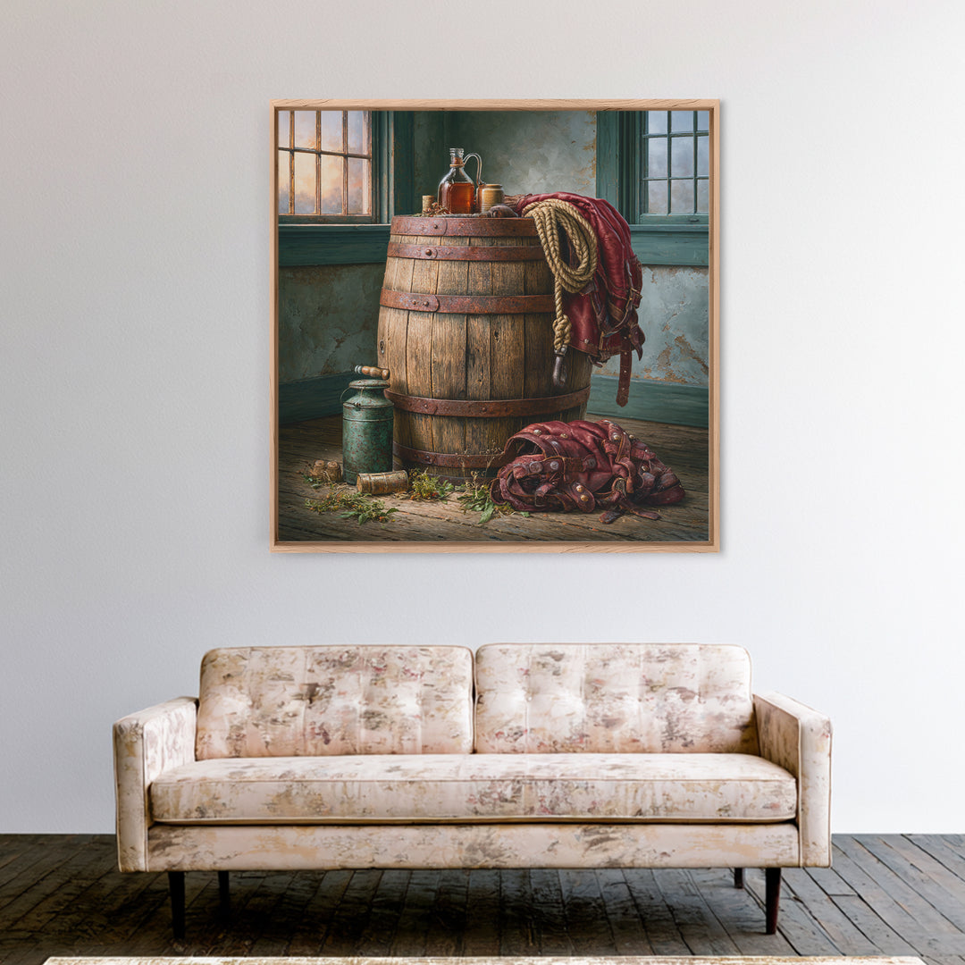 Whiskey Barrel and Leather Still Life Framed Canvas Print, Rustic Art, Wood Art, Farmhouse Decor, Oil Painting, Rustic, RUS-1x1-43