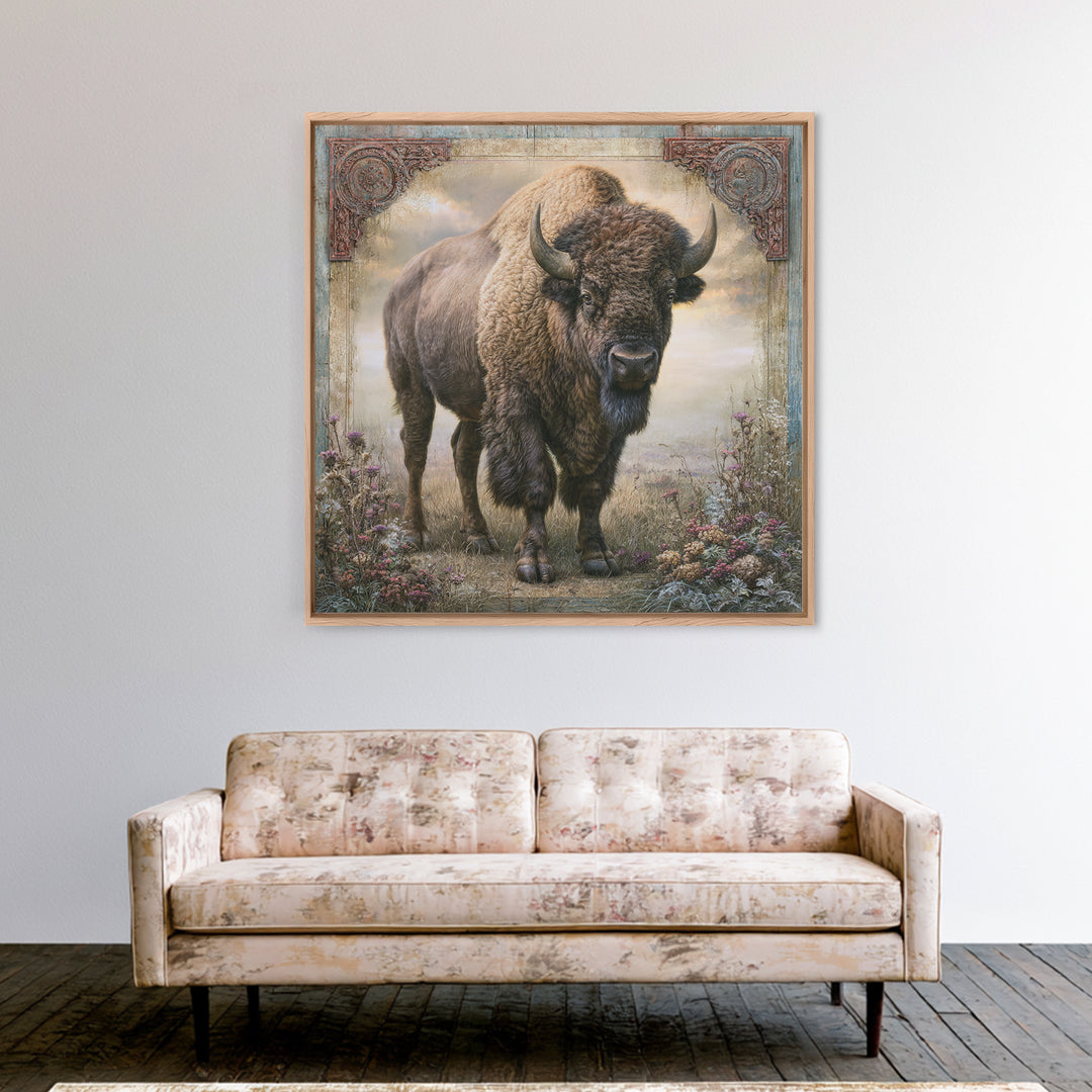Buffalo Portrait with Western Texture Framed Canvas Print, Rustic Art, Farmhouse Wall Art, Farmhouse Decor, Fine Art, Rustic, RUS-1x1-46