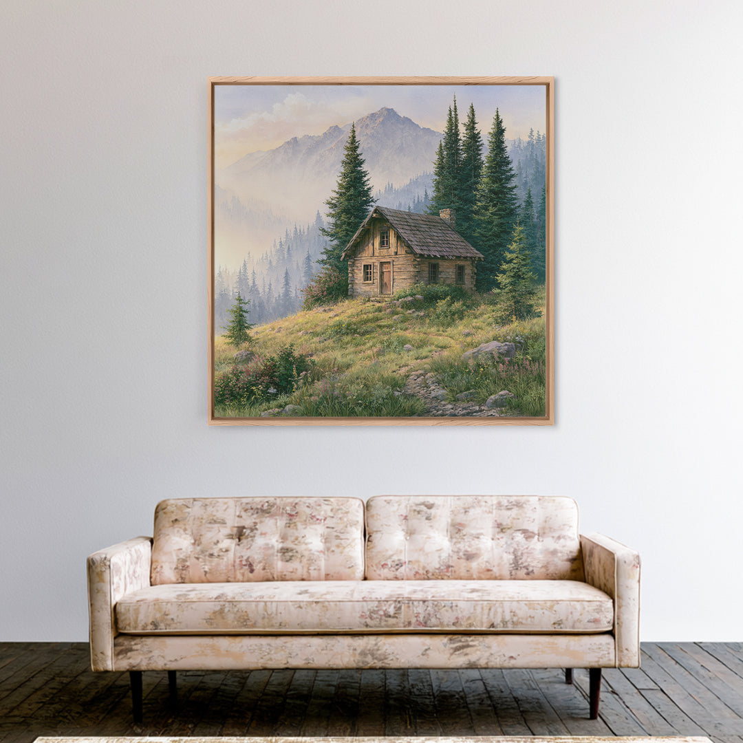 Mountain Cabin Landscape Framed Canvas Print, Rustic Art, Landscape Art, Farmhouse Decor, Fine Art, Rustic, Room Decor, RUS-1x1-51