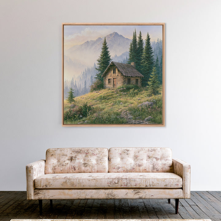 Mountain Cabin Landscape Framed Canvas Print, Rustic Art, Landscape Art, Farmhouse Decor, Fine Art, Rustic, Room Decor, RUS-1x1-51