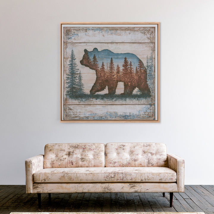 Bear Silhouette Among Pine Trees Canvas Print, Rustic Art, Downloadable Art, Farmhouse Decor, Watercolor Art, Rustic, RUS-1x1-55