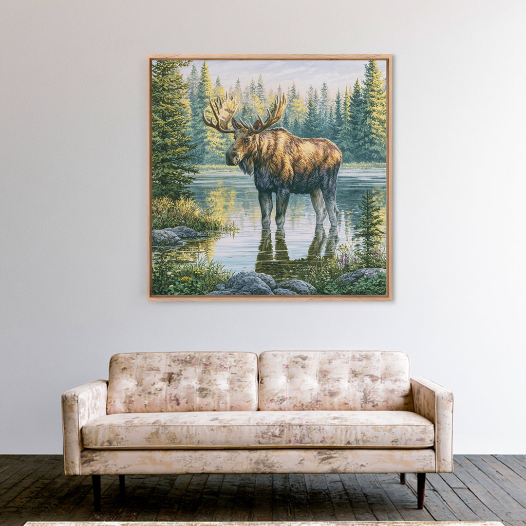Moose Standing by a Quiet Lake Framed Canvas Print, Rustic Art, Fine Art Print, Farmhouse Decor, Fine Art, Rustic, Painting, RUS-1x1-57