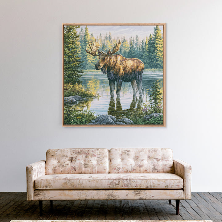 Moose Standing by a Quiet Lake Framed Canvas Print, Rustic Art, Fine Art Print, Farmhouse Decor, Fine Art, Rustic, Painting, RUS-1x1-57
