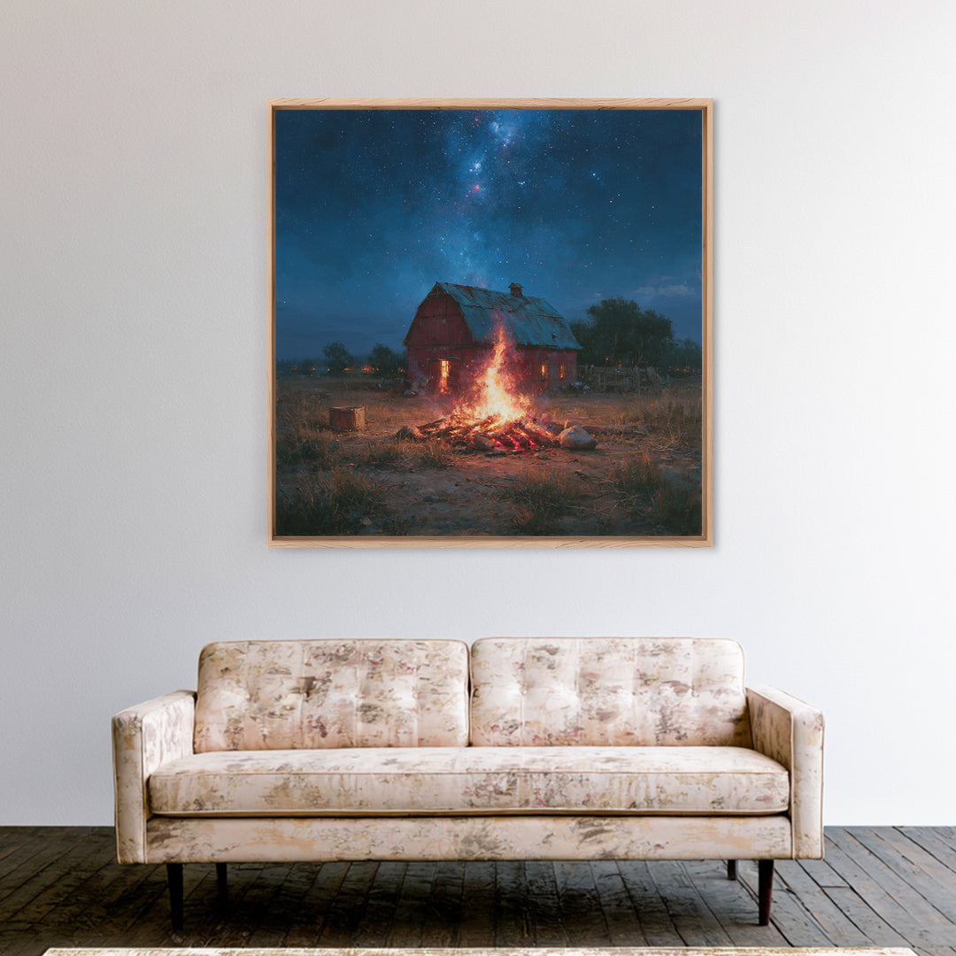 Campfire under a Starry Sky Framed Canvas Print, Rustic Art, Landscape Wall Art, Farmhouse Decor, Watercolor Art, Rustic, RUS-1x1-58