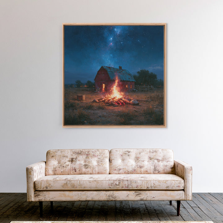 Campfire under a Starry Sky Framed Canvas Print, Rustic Art, Landscape Wall Art, Farmhouse Decor, Watercolor Art, Rustic, RUS-1x1-58