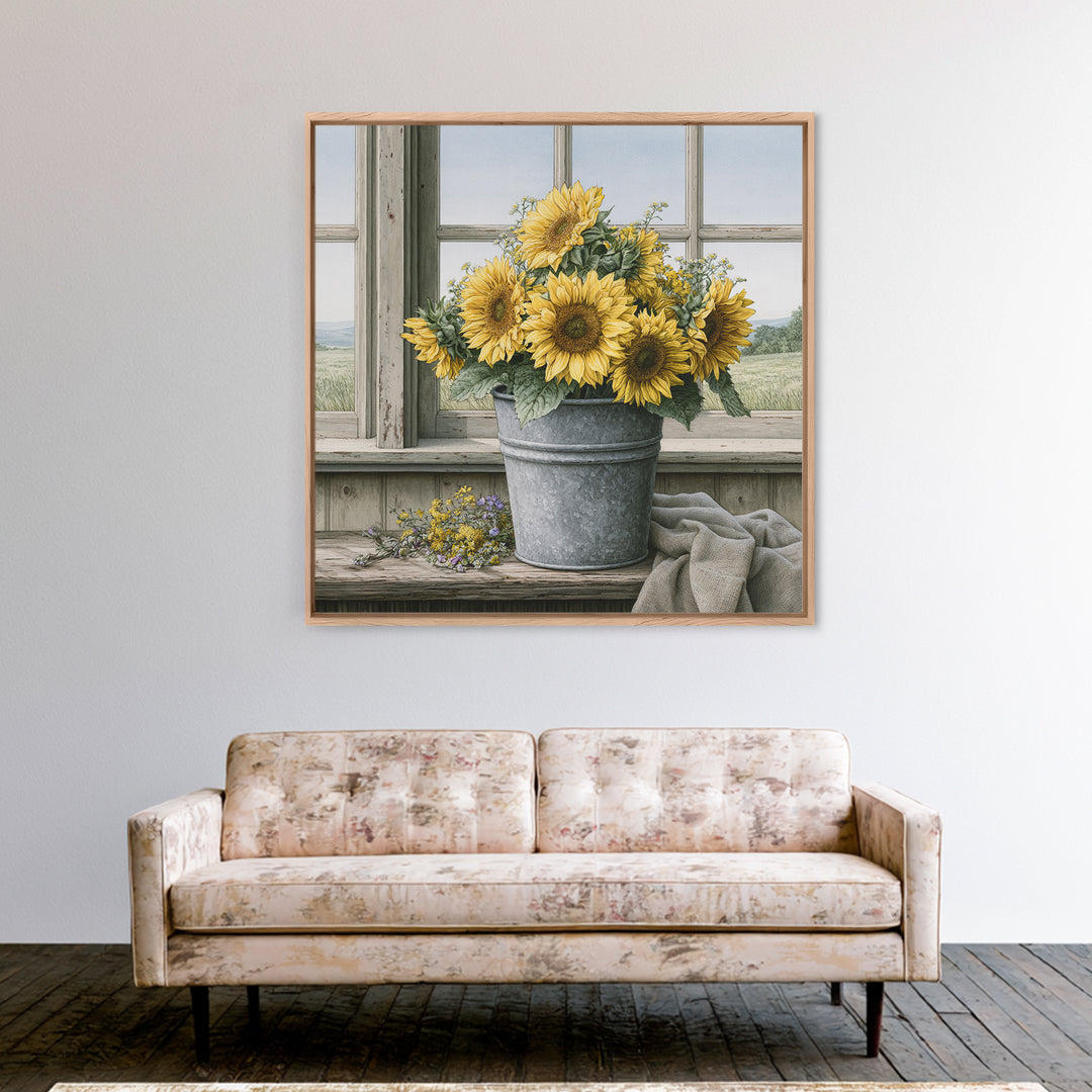 Sunflowers in a Metal Bucket Canvas Print, Rustic Art, Modern Art, Farmhouse Decor, Rustic, Neutral Decor, Modern Decor, RUS-1x1-60