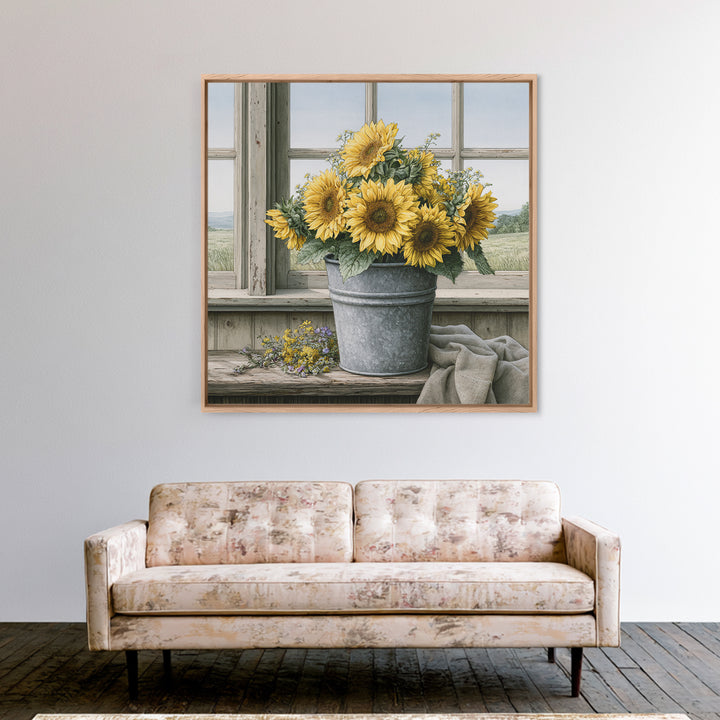 Sunflowers in a Metal Bucket Canvas Print, Rustic Art, Modern Art, Farmhouse Decor, Rustic, Neutral Decor, Modern Decor, RUS-1x1-60