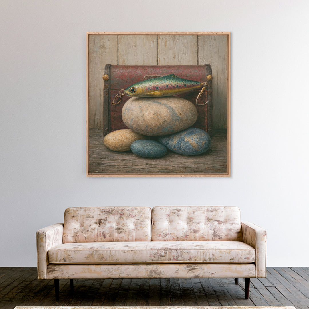 Trout Fishing Lure and River Stones Framed Canvas Print, Rustic Art, Landscape Art, Farmhouse Decor, Fine Art, Rustic, RUS-1x1-62