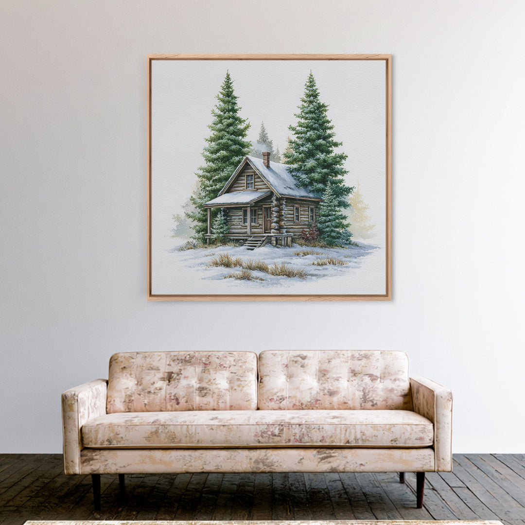 Log Cabin with Snowy Pines Framed Canvas Print, Rustic Art, Gallery Wall Set, Farmhouse Decor, Rustic, Minimalist Decor, RUS-1x1-63