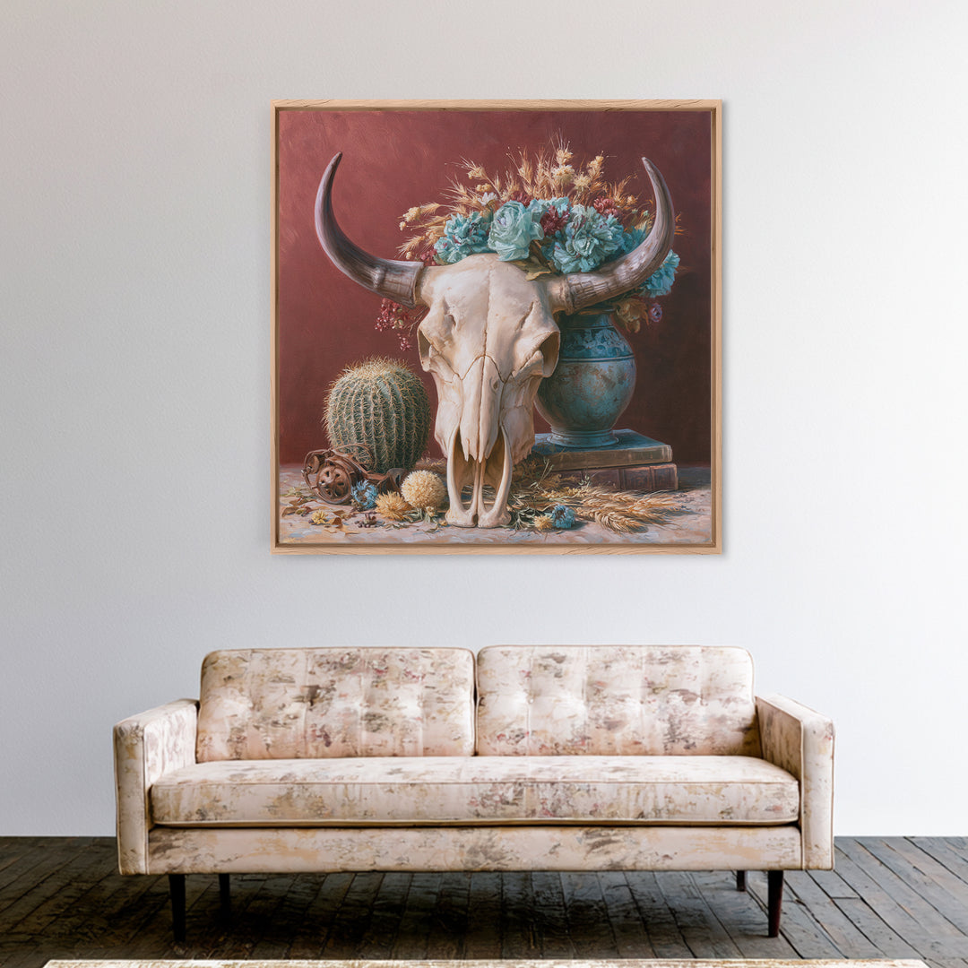 Cow Skull with Desert Flowers Framed Canvas Print, Rustic Art, Gallery Decor, Farmhouse Decor, Oil Painting, Rustic, RUS-1x1-65