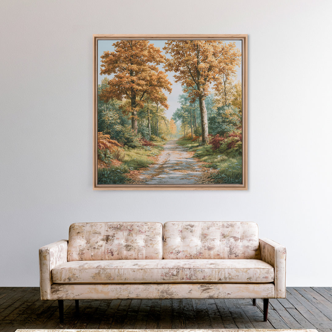 Forest Path with Golden Autumn Leaves Framed Canvas Print, Rustic Art, Eclectic Wall Art, Farmhouse Decor, Fine Art, Rustic, RUS-1x1-66