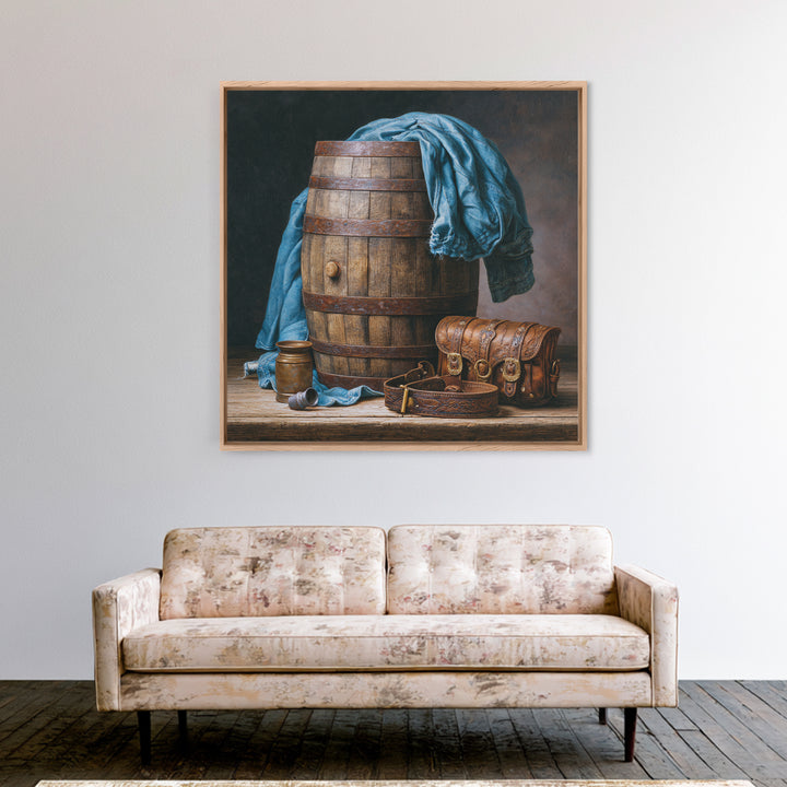 Whiskey Barrel and Leather Still Life Framed Canvas Print, Rustic Art, Gallery Decor, Farmhouse Decor, Fine Art, Rustic, RUS-1x1-67