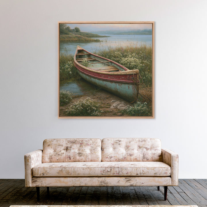 Old Canoe Pulled Onto a Lake Shore Framed Canvas Print, Rustic Art, Eclectic Wall Art, Farmhouse Decor, Oil Painting, Rustic, RUS-1x1-68