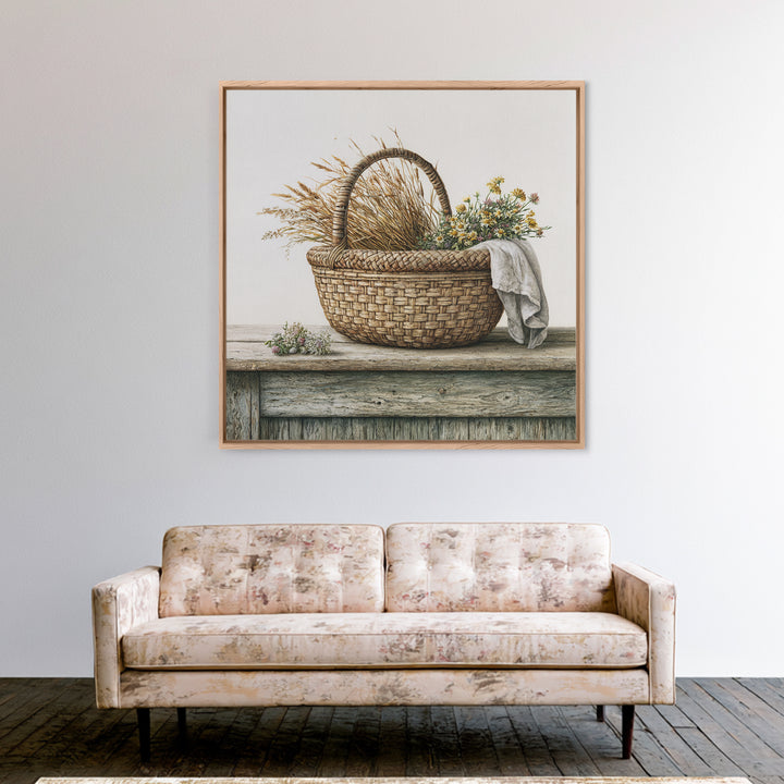 Handwoven Basket with Dried Grasses Framed Canvas Print, Rustic Art, Gallery Wall Art, Farmhouse Decor, Abstract Art, Rustic, RUS-1x1-72