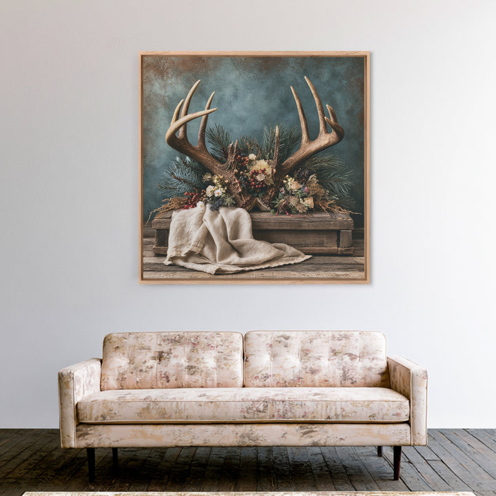 Deer Antlers with Pine Branches and Berries Framed Canvas Print, Rustic Art, Gallery Wall Set, Farmhouse Decor, Watercolor Art, RUS-1x1-74