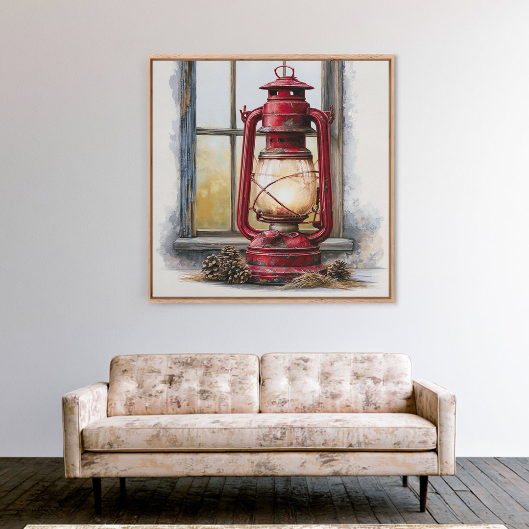 Rustic Lantern Glowing Beside Pinecones Canvas Print, Rustic Art, Portrait Painting, Farmhouse Decor, Fine Art, Rustic, RUS-1x1-76