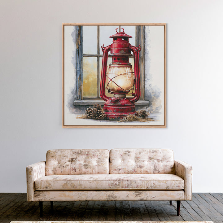 Rustic Lantern Glowing Beside Pinecones Canvas Print, Rustic Art, Portrait Painting, Farmhouse Decor, Fine Art, Rustic, RUS-1x1-76