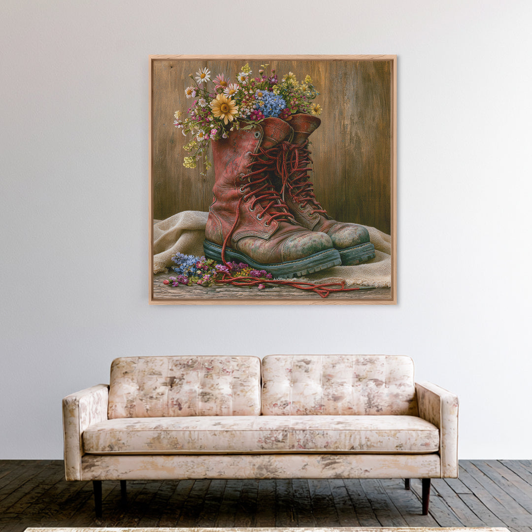 Old Boots Filled Framed Canvas Print, Rustic Art, Gallery Decor, Farmhouse Decor, Fine Art, Rustic, Contemporary Art, RUS-1x1-78
