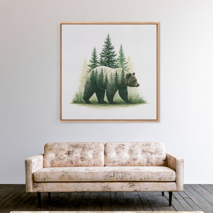 Bear Silhouette Among Pine Trees Framed Canvas Print, Rustic Art, Modern Decor, Farmhouse Decor, Oil Painting, Rustic, RUS-1x1-79