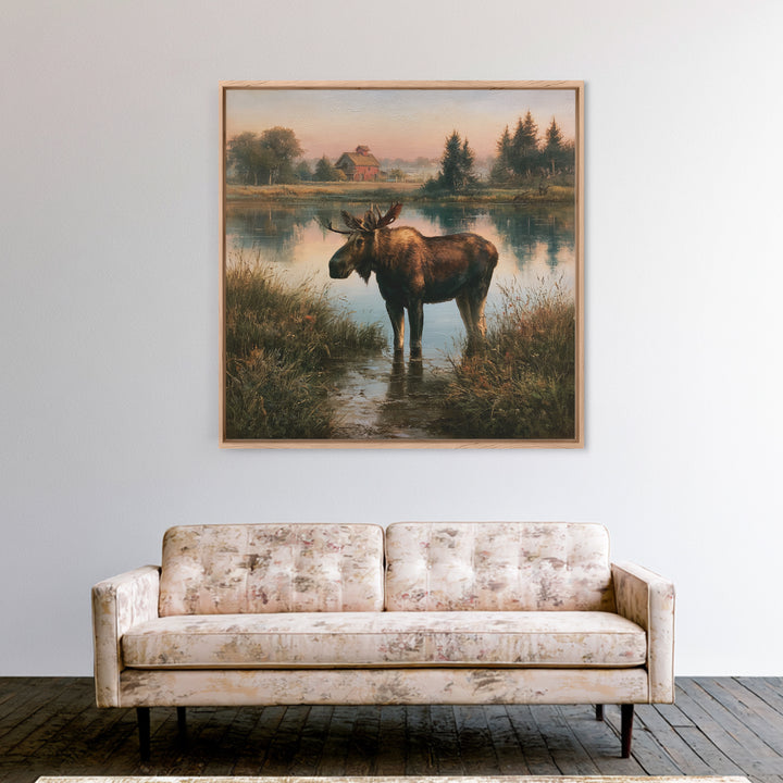 Moose Standing by a Quiet Lake Canvas Print, Rustic Art, Textured Painting, Farmhouse Decor, Oil Painting, Rustic, RUS-1x1-81