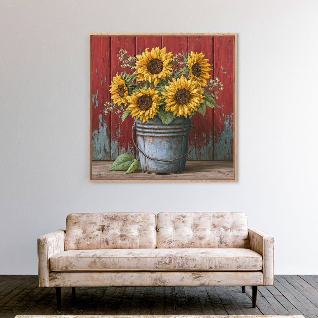 Sunflowers in a Metal Bucket Framed Canvas Print, Rustic Art, Landscape Wall Art, Farmhouse Decor, Rustic, Luxury Decor, RUS-1x1-84