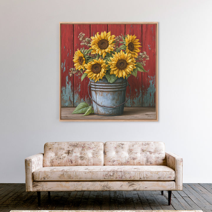 Sunflowers in a Metal Bucket Framed Canvas Print, Rustic Art, Landscape Wall Art, Farmhouse Decor, Rustic, Luxury Decor, RUS-1x1-84