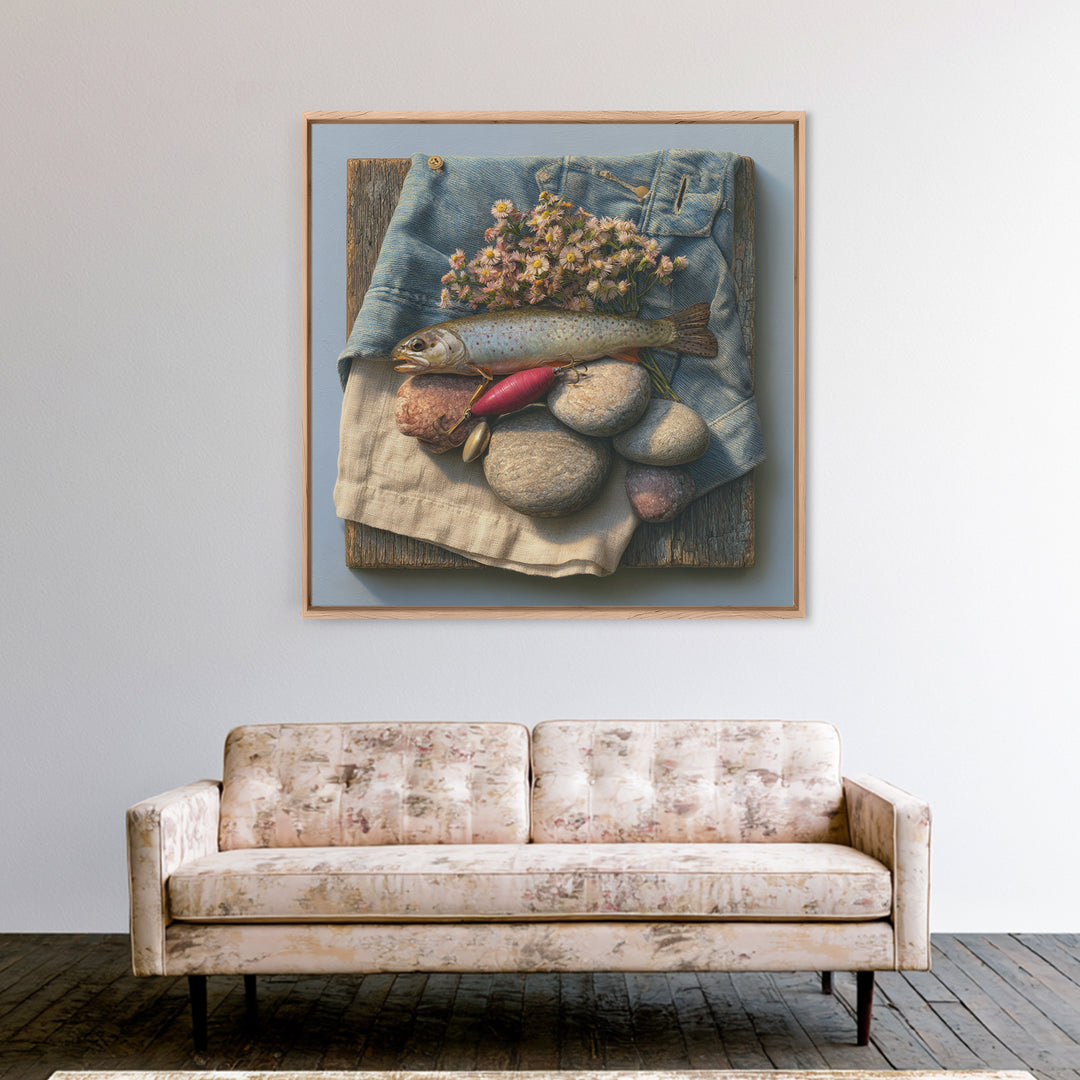 Trout Fishing Lure and River Stones Canvas Print, Rustic Art, Neutral Decor, Farmhouse Decor, Fine Art, Rustic, Home Decor, RUS-1x1-86