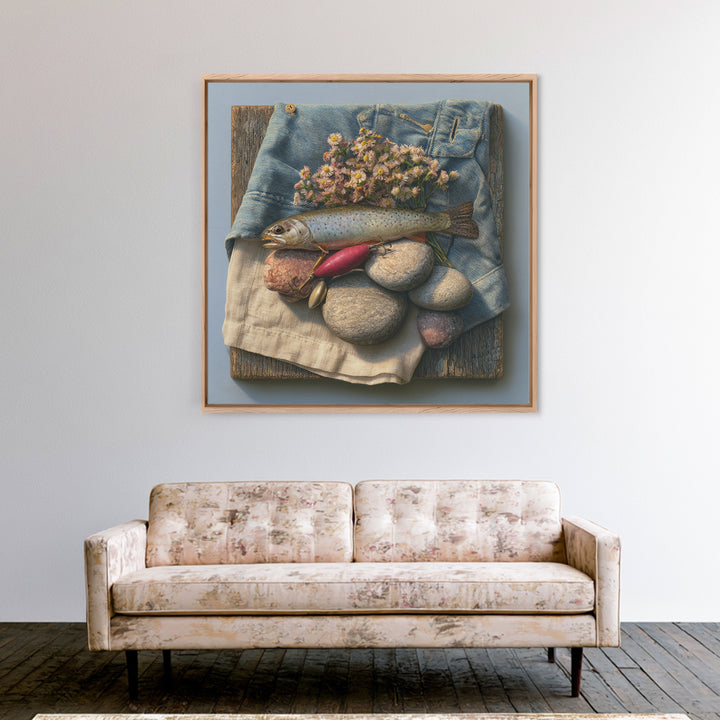 Trout Fishing Lure and River Stones Canvas Print, Rustic Art, Neutral Decor, Farmhouse Decor, Fine Art, Rustic, Home Decor, RUS-1x1-86