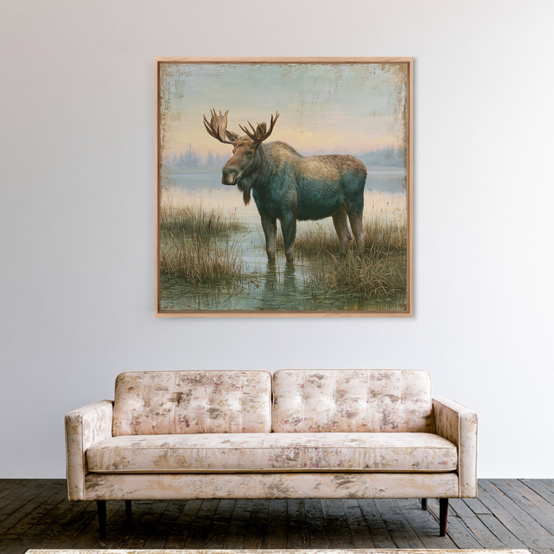 Moose Standing by a Quiet Lake Canvas Print, Rustic Art, Living Room Art, Farmhouse Decor, Watercolor Art, Rustic, RUS-1x1-9