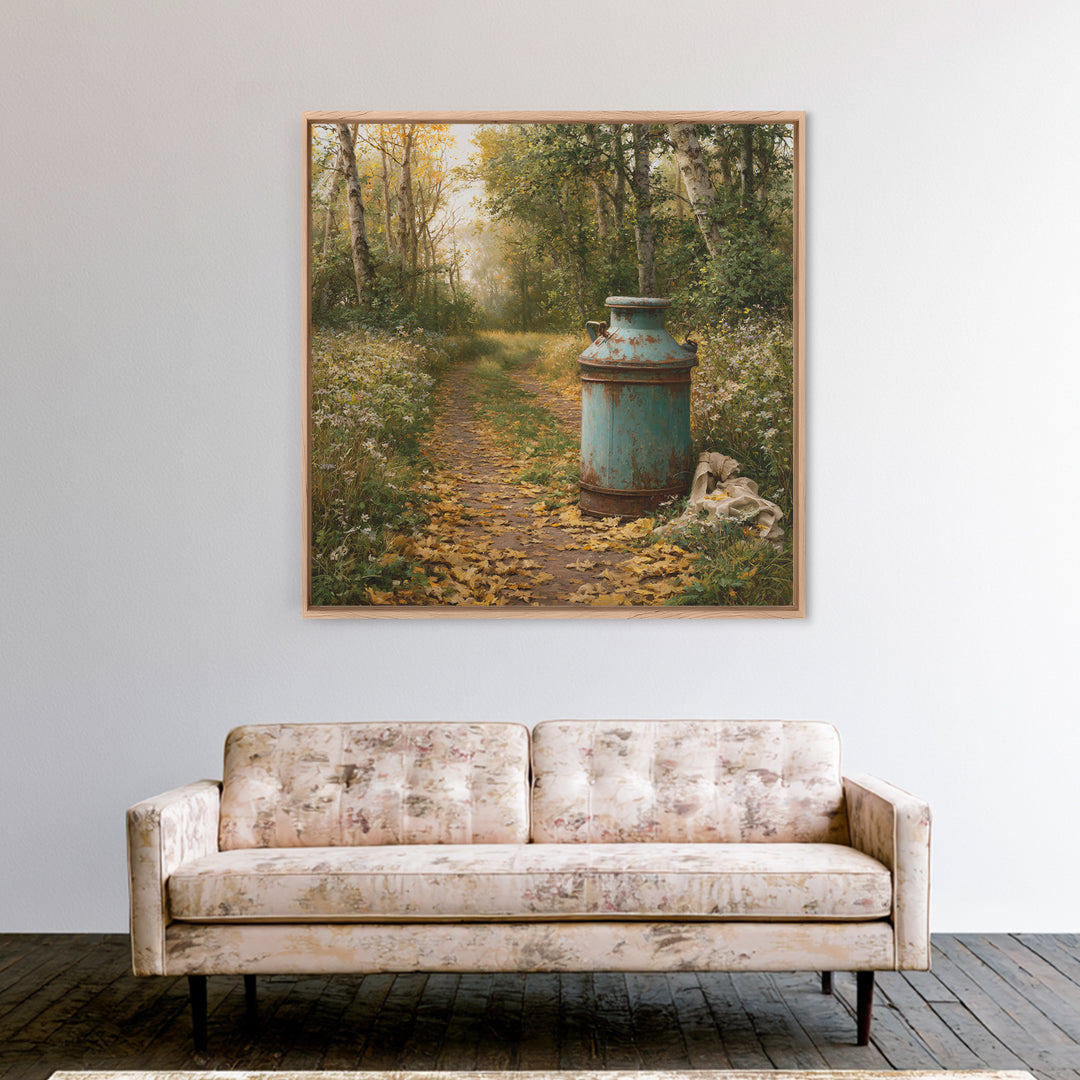 Forest Path with Golden Autumn Leaves Canvas Print, Rustic Art, Downloadable Art, Farmhouse Decor, Oil Painting, Rustic, RUS-1x1-90