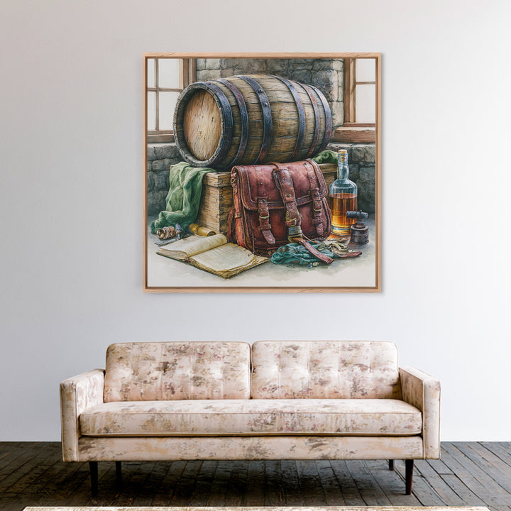 Whiskey Barrel and Leather Still Life Canvas Print, Rustic Art, Boho Decor, Farmhouse Decor, Fine Art, Rustic, Art Print, RUS-1x1-91