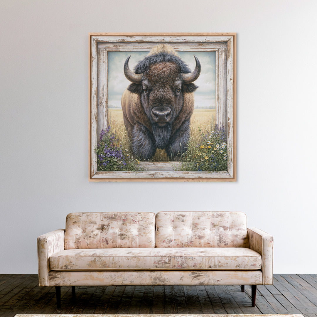 Buffalo Portrait with Western Texture Canvas Print, Rustic Art, Living Room Art, Farmhouse Decor, Fine Art, Rustic, RUS-1x1-94