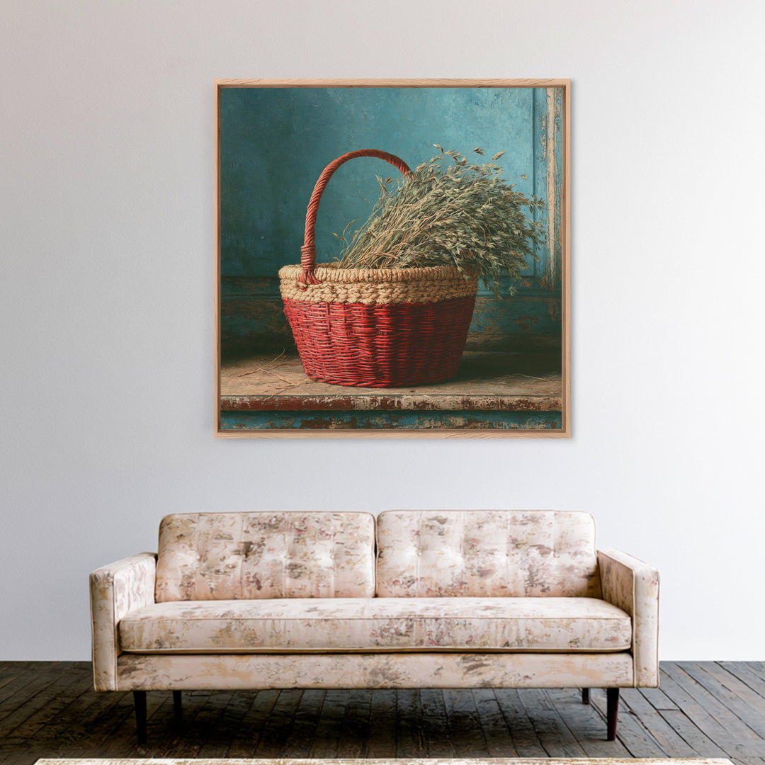 Handwoven Basket with Dried Grasses Framed Canvas Print, Rustic Art, Digital Prints, Farmhouse Decor, Fine Art, Rustic, RUS-1x1-96