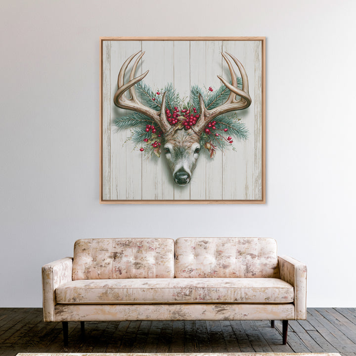 Deer Antlers with Pine Branches and Berries Canvas Print, Rustic Art, Statement Artwork, Farmhouse Decor, Fine Art, Rustic, RUS-1x1-98