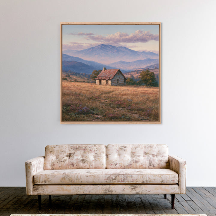Mountain Cabin Landscape Canvas Print, Rustic Art, Wall Art, Farmhouse Decor, Oil Painting, Rustic, Living Room Decor, RUS-1x1-99