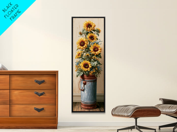 Sunflowers in a Metal Bucket Framed Canvas Print, Rustic Art, Luxury Decor, Farmhouse Decor, Oil Painting, Rustic, RUS-1x3-24