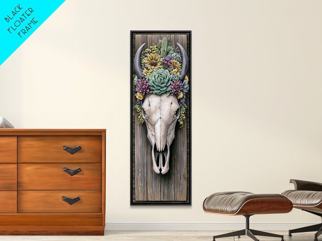 Cow Skull with Desert Flowers Framed Canvas Print, Rustic Art, Neutral Decor, Farmhouse Decor, Fine Art, Rustic, Home Decor, RUS-1x3-29