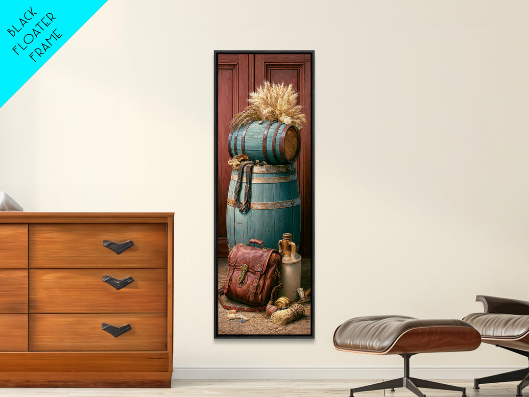 Whiskey Barrel and Leather Still Life Framed Canvas Print, Rustic Art, Art Print, Farmhouse Decor, Watercolor Art, Rustic, RUS-1x3-31