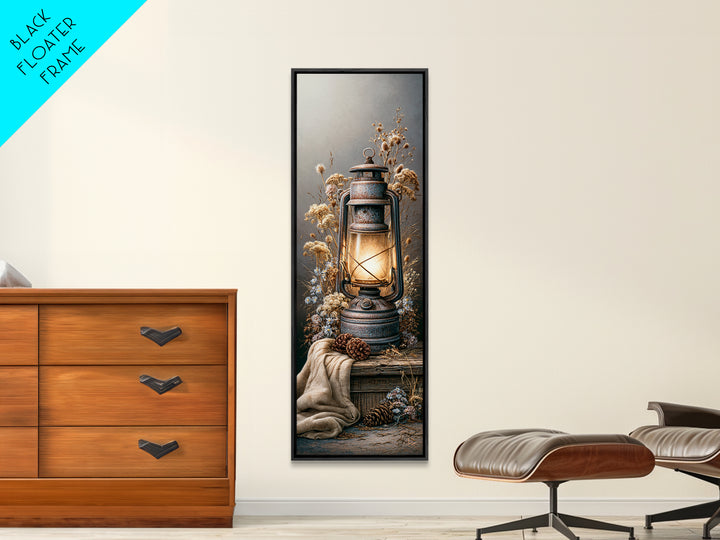 Rustic Lantern Glowing Beside Pinecones Canvas Print, Rustic Art, Digital Prints, Farmhouse Decor, Rustic, 3d Wall Art, RUS-1x3-40