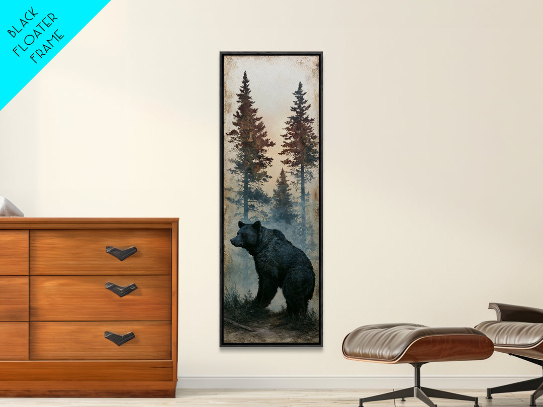 Bear Silhouette Among Pine Trees Canvas Print, Rustic Art, Oil Painting, Farmhouse Decor, Fine Art, Rustic, Modern Art, RUS-1x3-43