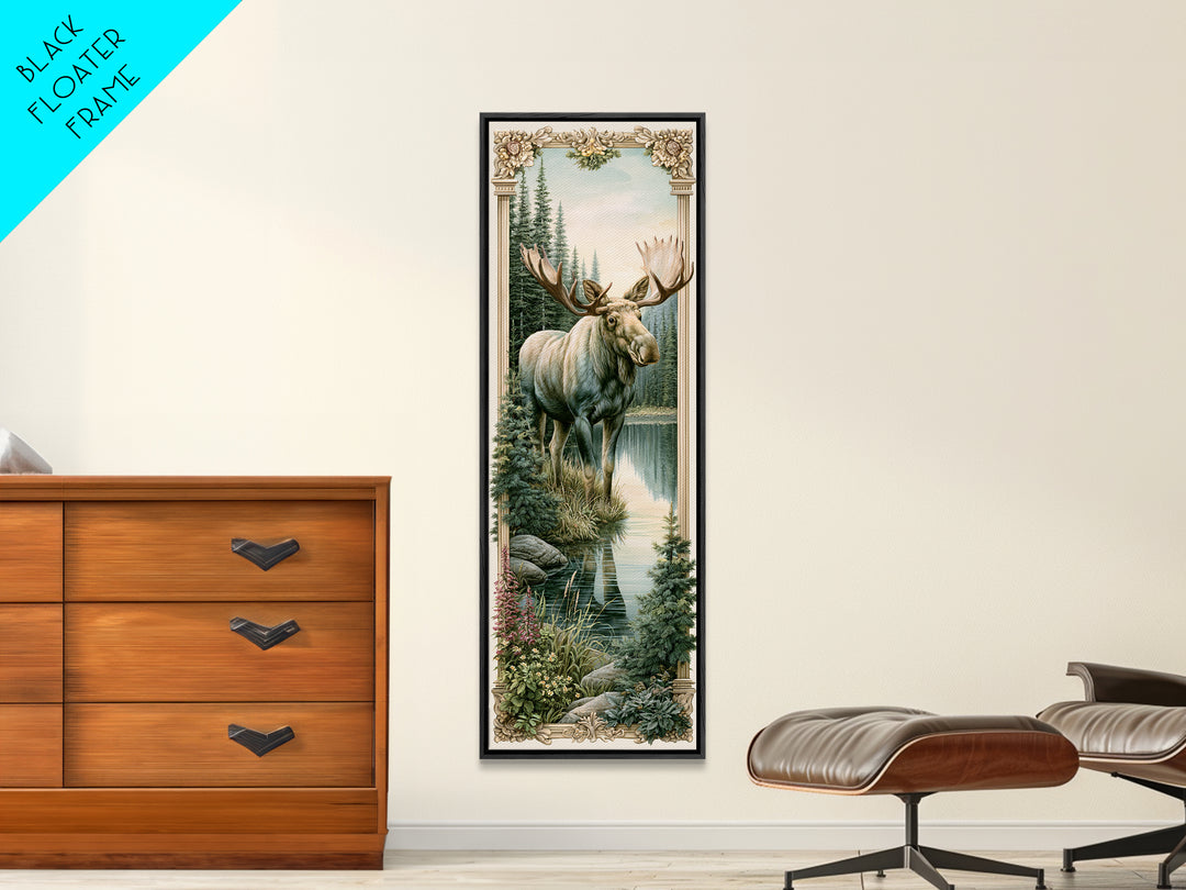 Moose Standing by a Quiet Lake Framed Canvas Print, Rustic Art, Boho Decor, Farmhouse Decor, Fine Art, Rustic, Art Print, RUS-1x3-45