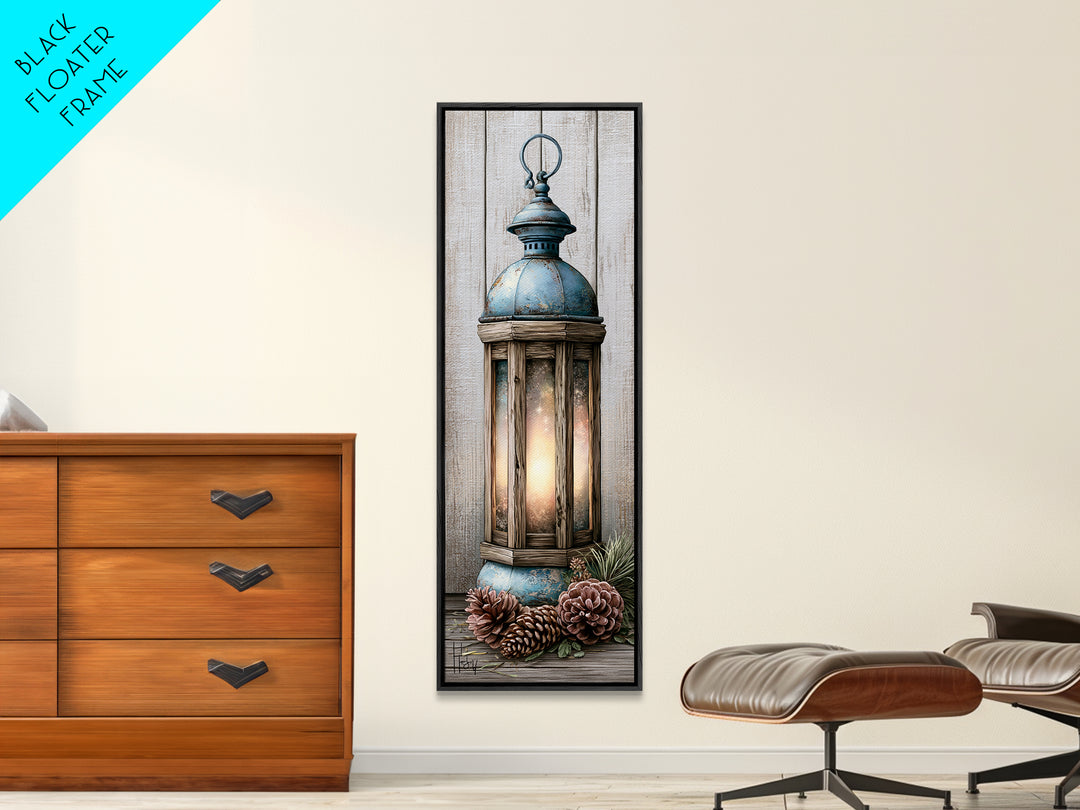 Rustic Lantern Glowing Beside Pinecones Framed Canvas Print, Rustic Art, Wood Wall Art, Farmhouse Decor, Fine Art, Rustic, RUS-1x3-64