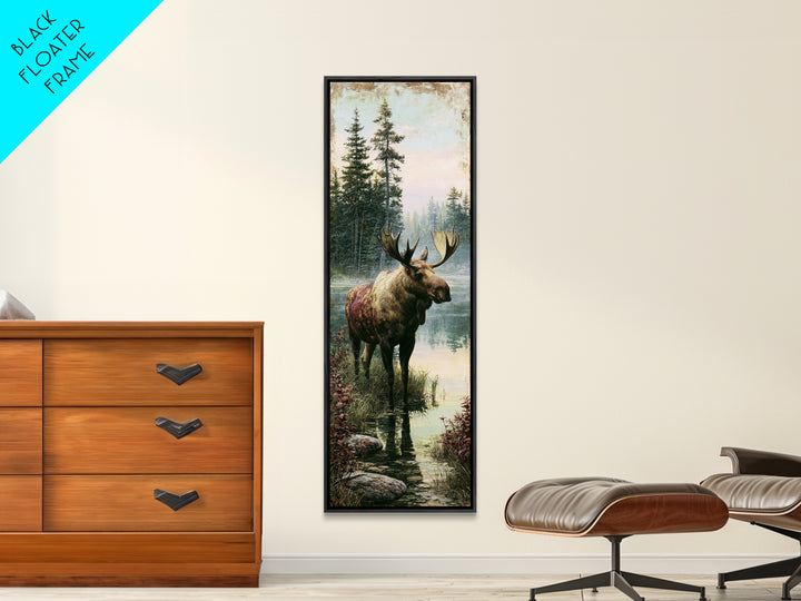 Moose Standing by a Quiet Lake Framed Canvas Print, Rustic Art, Boho Decor, Farmhouse Decor, Fine Art, Rustic, Art Print, RUS-1x3-69