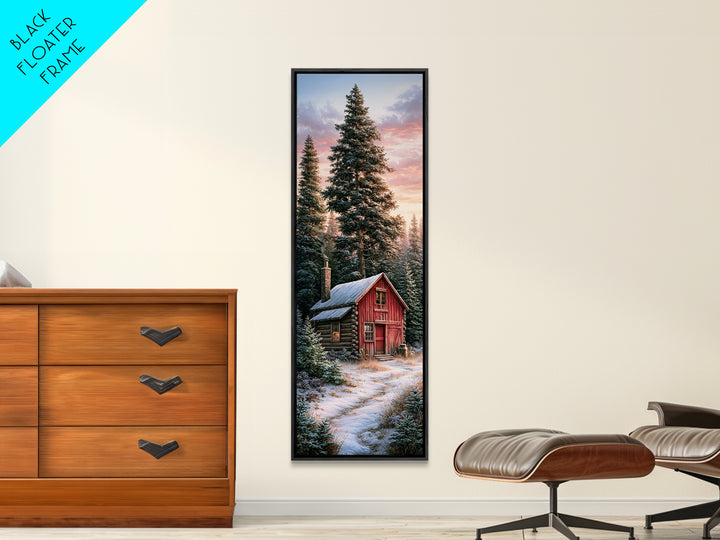Log Cabin with Snowy Pines Framed Canvas Print, Rustic Art, Landscape Painting, Farmhouse Decor, Fine Art, Rustic, Modern Decor, RUS-1x3-75