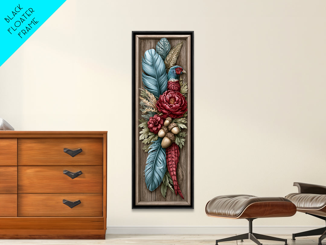 Pheasant Feathers and Acorns Arrangement Framed Canvas Print, Rustic Art, Farmhouse Decor, Oil Painting, Rustic, RUS-1x3-76